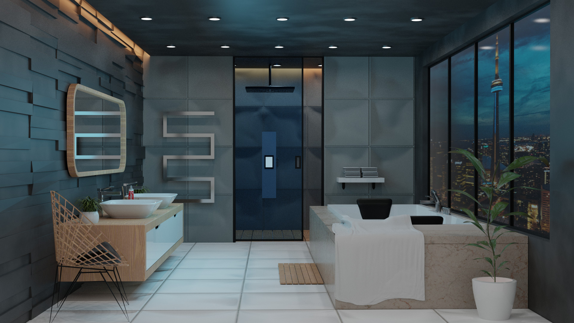 Rendu 3D d'une salle de bain de luxe en haut d'un immeuble avec vue sur la ville de nuit